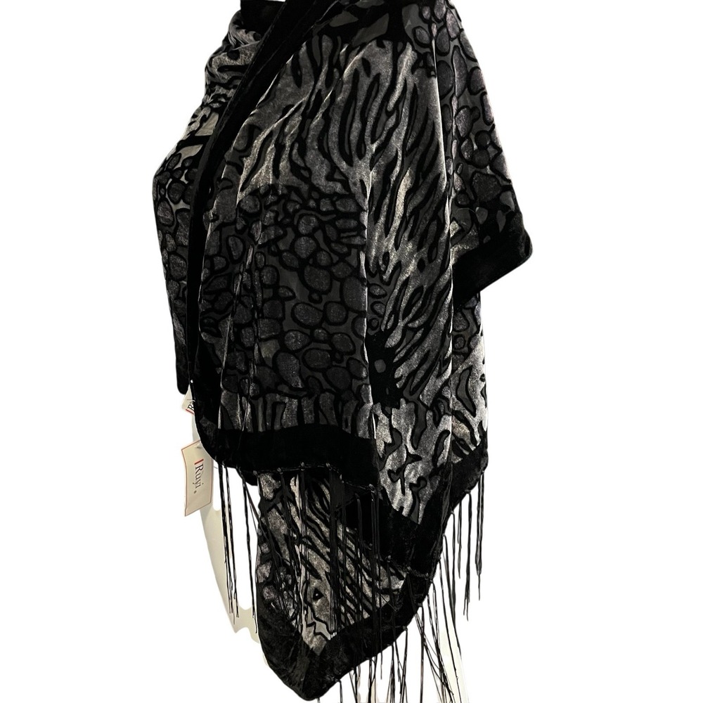 Ruyi Scarf Wrap Shawl Black Burnout Velvet Animal Print Fringe Event Party Gala
